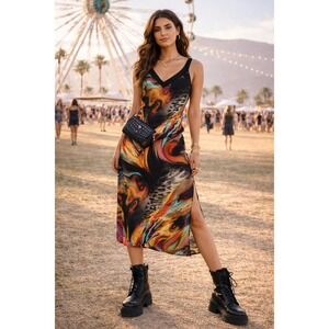 Vtg Sue Who Womens Dress M L Abstract Midi Slip Y2K Indie Sleaze Bold Festival